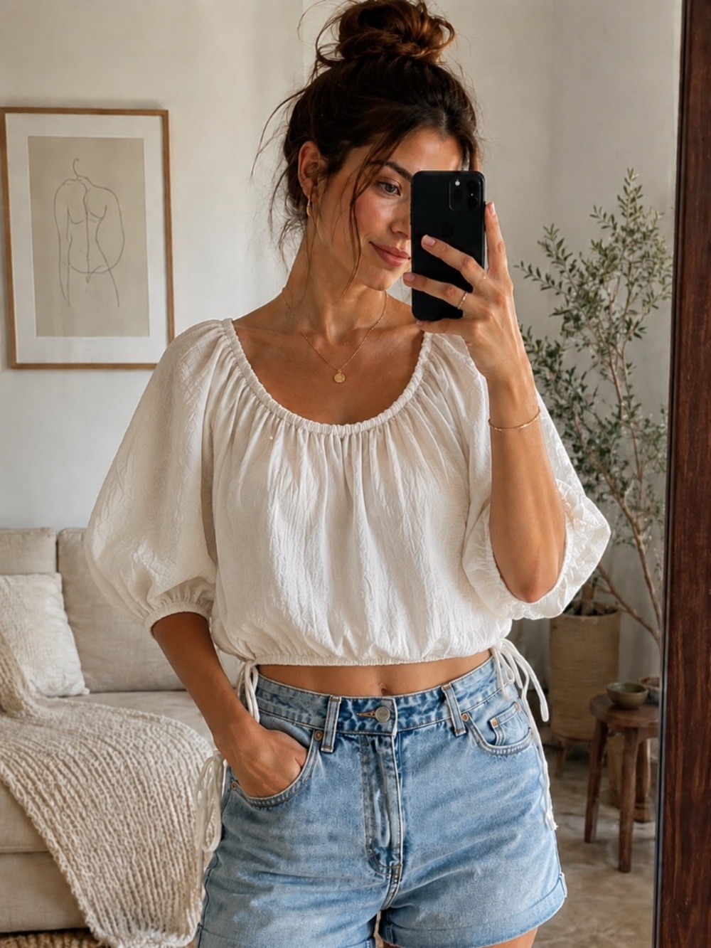 airy white drawstring peasant blouse boho cottagecore top size m